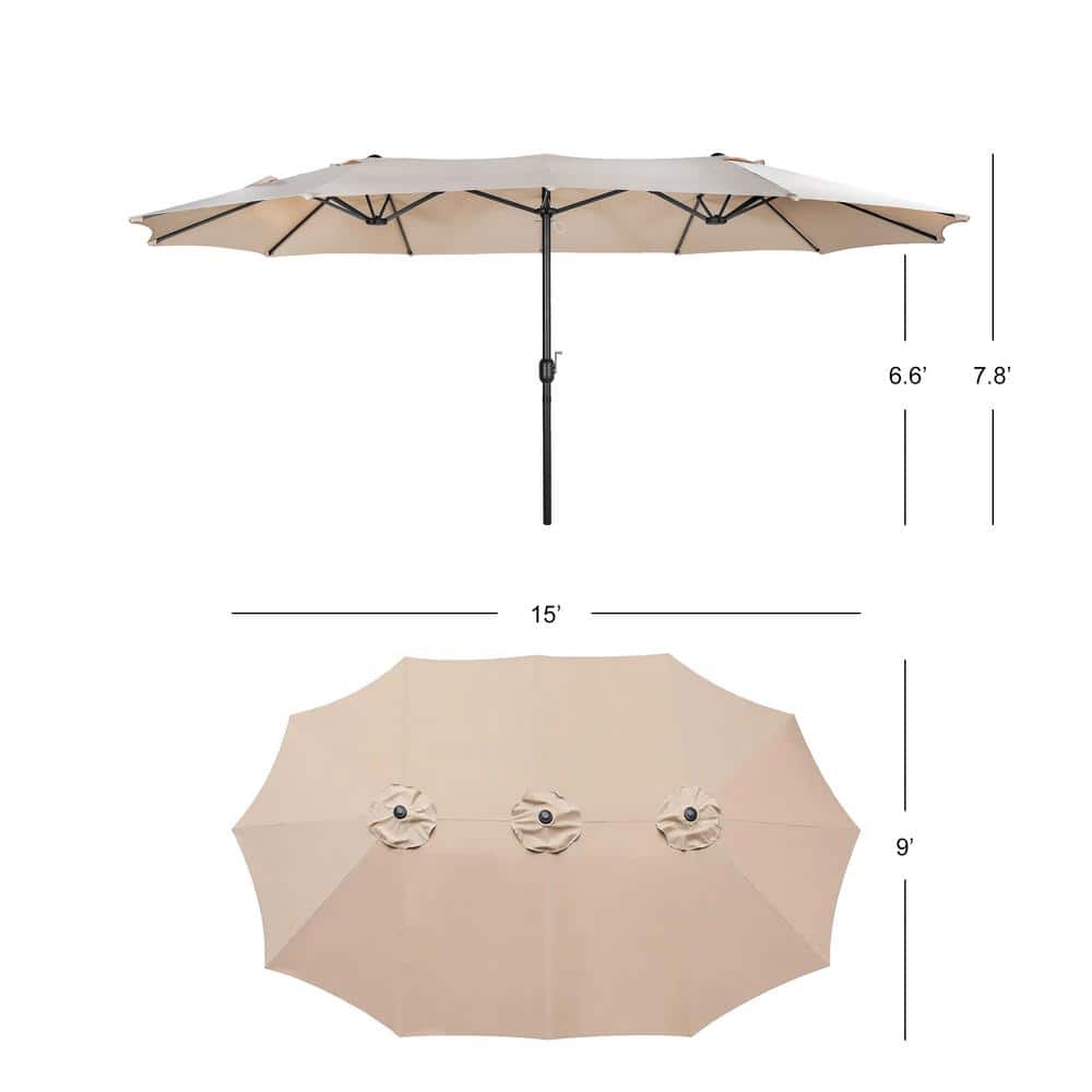 Beige 15 ft Double-Sided Outdoor Patio Umbrella with Steel Pole