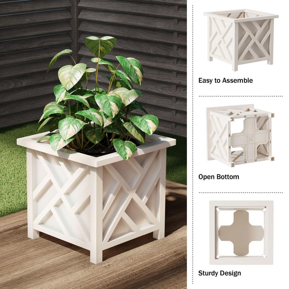 Farmhouse Lattice White Polypropylene Planter Box 14.75" - 2 Pack