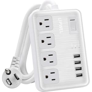 6 ft. 15A Heavy-Duty Extension Cord, Power Strip Surge Protector with 4 Outlets and 4 USB Ports, - White Silver