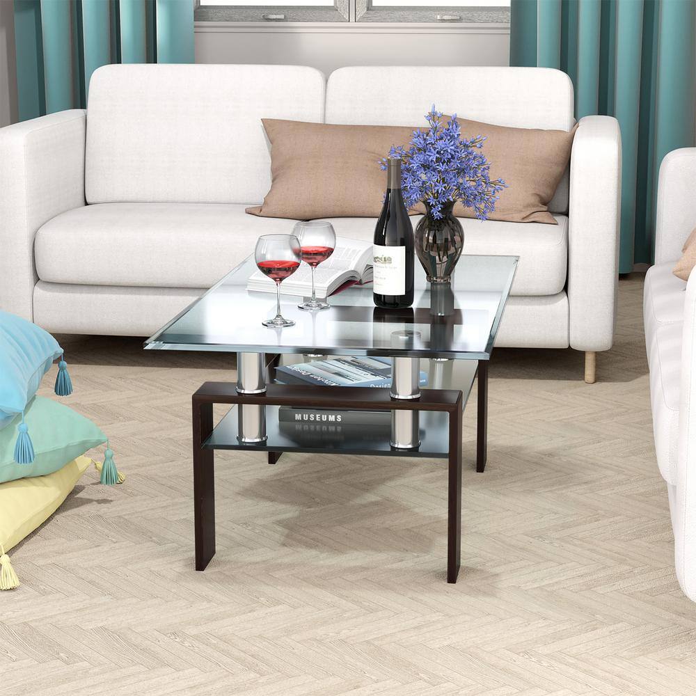 Rectangular Coffee Glass and Metal Coffee Table with Shelf