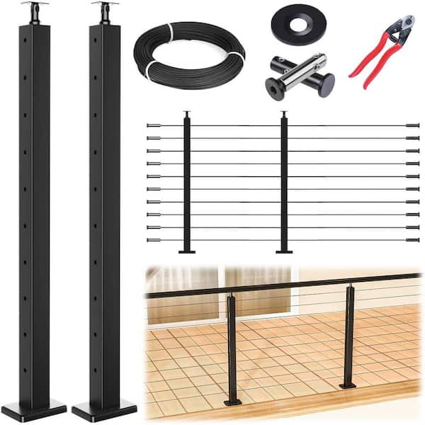 5ft-10ft Black Stainless Steel Cable Railing Post Kit with Swageless Design and 150ft Wire Rope - 2 Pack