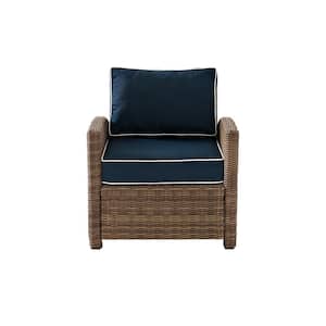 Bradenton Wicker Outdoor Patio Lounge Chair with Navy Cushions