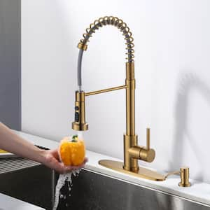 Single Handle Pull-Down Sprayer Kitchen Faucet with Soap Despenser with 3 Spray Mode Stainless Steel in Brushed Gold