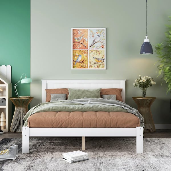 ベッドフレーム White bed frame GHOUSE White Full Size Platform Bed Frame with Headboard