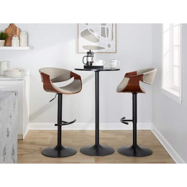 Lumisource Symphony 32.5 in. Grey Faux Leather, Walnut Wood and Black Metal Adjustable Bar Stool (Set of 2)