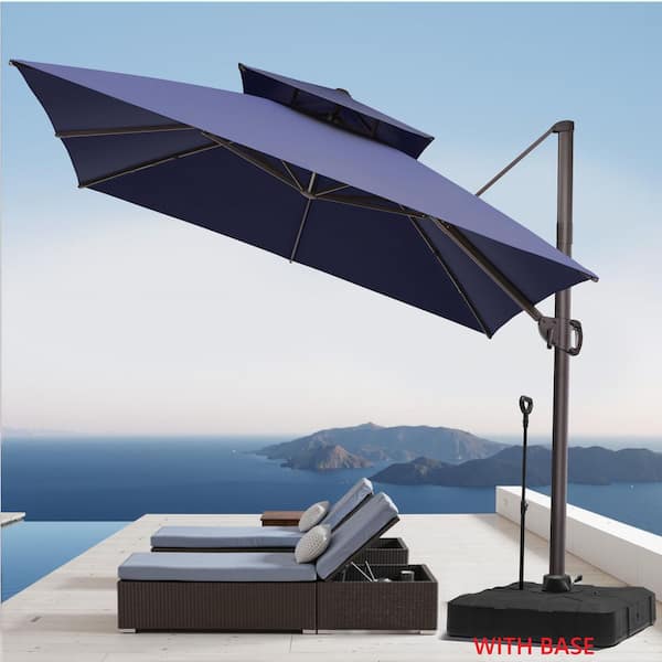 2-Tier Top 11.5 ft. Square Aluminum 360° Rotation Cantilever Patio Umbrella in Navy with 300 lbs. HDPE Wheeled Stand