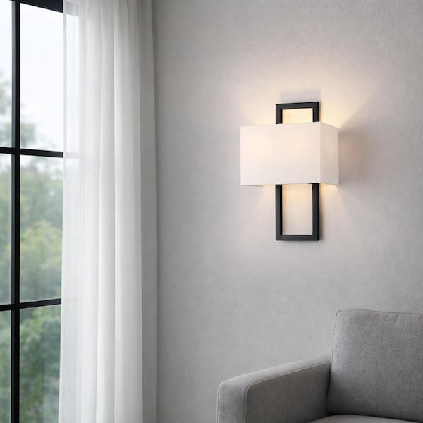 15. 5in 2-Light Black Wall Sconce with White Shade