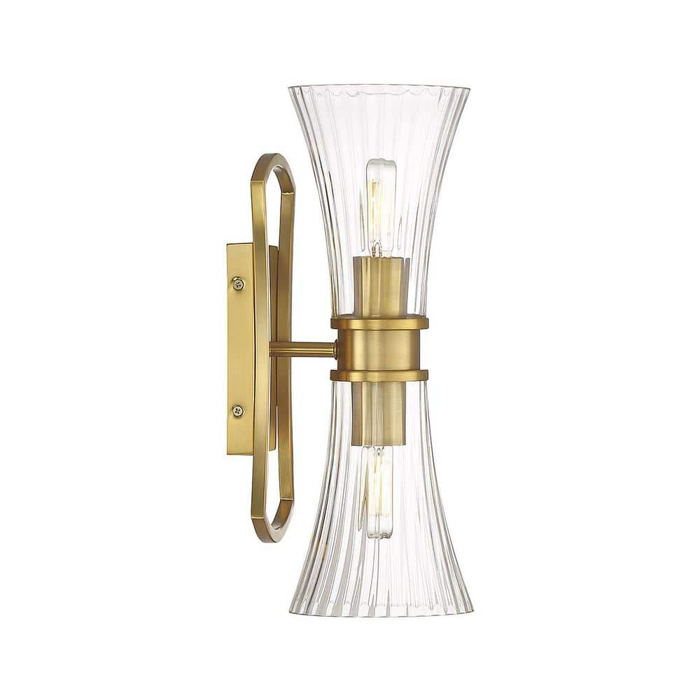 Bennington Warm Brass 2-Light Wall Sconce with Clear Ribbed Glass
