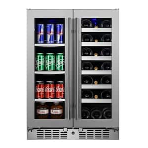 Transcend 24 in. 64 Can and 20-Bottle Seamless Stainless Steel French Door Dual Zone Built-In Beverage and Wine Cooler
