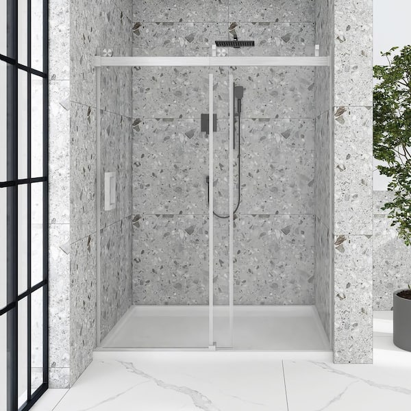 JimsMaison 72 in. W x 76 in. H Single Sliding Frameless Shower Door in Brushed Nickel with Buffer