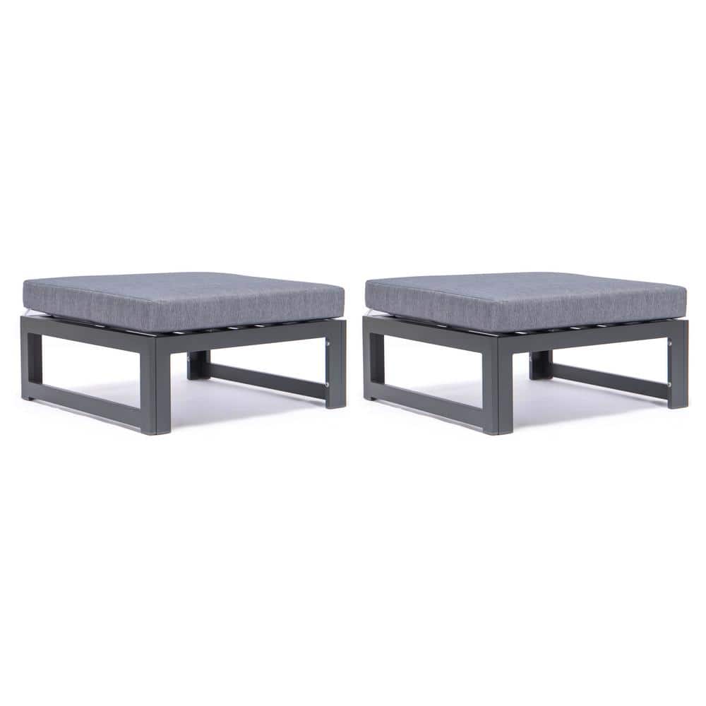 Chelsea Modern Black Aluminum Outdoor Ottomans with Blue Cushions, Set of 2