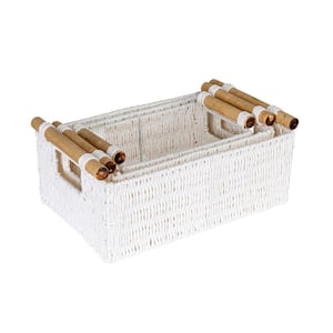 White Decorative Woven Paper Rope Decorative Baskets with Wood Handles (Set of 3)