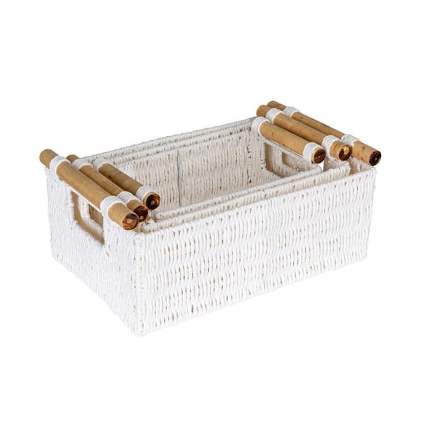 HOUSEHOLD ESSENTIALS White Decorative Woven Paper Rope Decorative Baskets with Wood Handles (Set of 3)