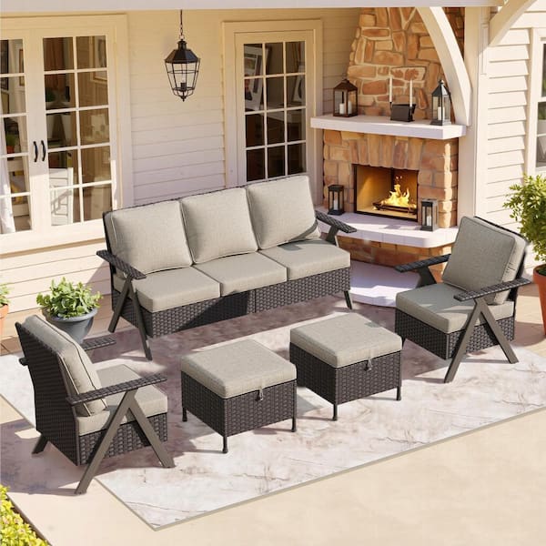 Gardenbee 5-Piece Wicker Outdoor Patio Conversation Lounge Chair Sofa Set with Beige Cushions and Ottomans