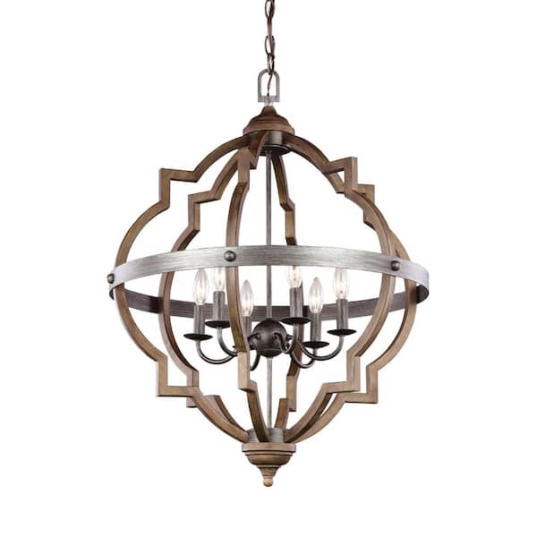 Generation Lighting Socorro 25 in. W. 6-Light Weathered Gray and Distressed Oak Hall-Foyer Pendant with Dimmable Candelabra LED Bulbs