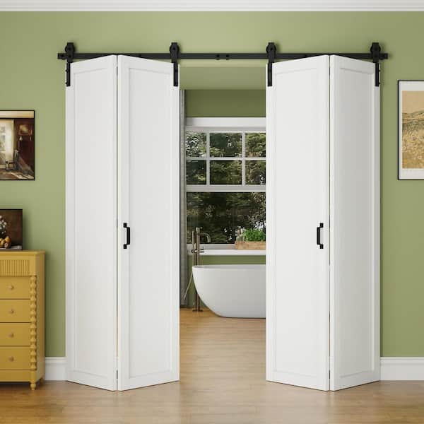 80 in. x 84 in. 1-Panel White Primed Composite MDF Bifold No Assembly Required Sliding Barn Door with Hardware Kit