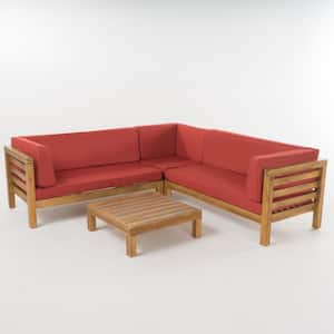 Oana Teak Finish 4-Piece Wood Outdoor Sectional Set with Red Cushions