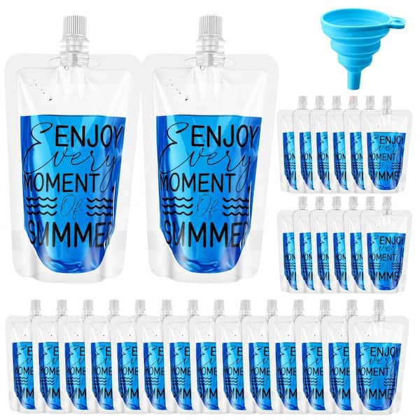 300-Piece 8 oz Reusable Leakproof Plastic Drink Pouches with Summer Print and Collapsible Silicone Funnel