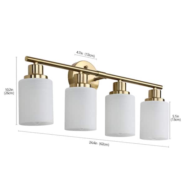 24.4 in. 4-Light Golden Bathroom Light Fixtures Black Bathroom Vanity Light Over Mirror with Opal White Glass Shade