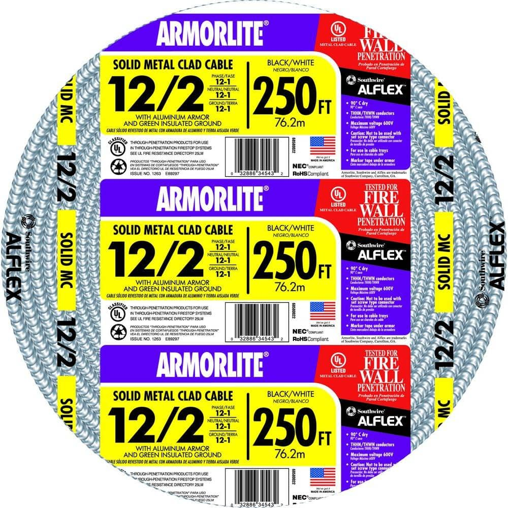 Southwire 250 Ft 12 Gauge 2 Gauge Solid Cu Mc Metal Clad Armorlite Cable The Home Depot