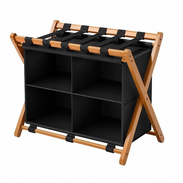 Wudkey Black Bamboo Luggage Rack with 4 Storage Compartments