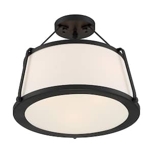 Cutty 15.5 in. 3-Light Matte Black Transitional Semi-Flush Mount with White Fabric Shade and No Bulbs Included