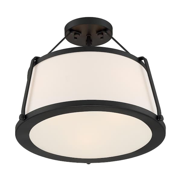 SATCO Cutty 15.5 in. 3-Light Matte Black Transitional Semi-Flush Mount with White Fabric Shade and No Bulbs Included