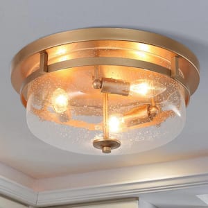 Brass Gold Drum Flush Mount Light Modern Circle 3-Light Ceiling Lighting with Clear Seeded Glass Shade for Entry Kitchen