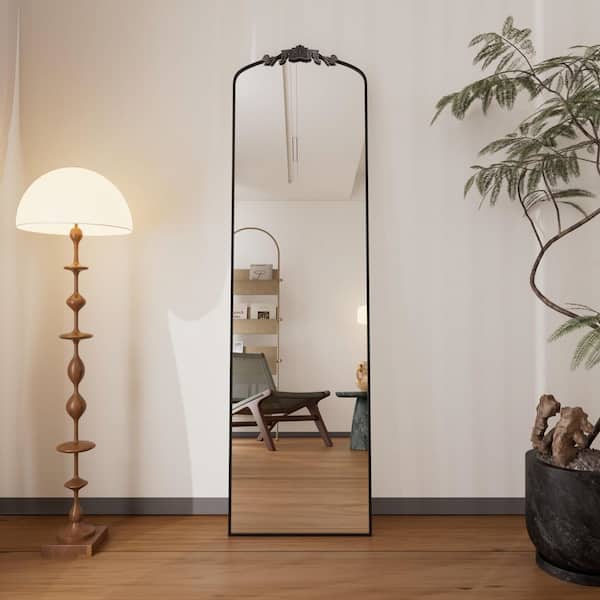 Black 16 in. W x 56 in. H Arched Metal Framed with Carved Pattern Full Length Mirror