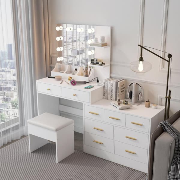 Karl home 2-Piece White Makeup Vanity Set with Combination Cabinet