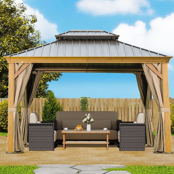 10 ft. x 12 ft. Yellow Brown Outdoor Aluminum Gazebo with Galvanized Steel Double Canopy and Curtains and Netting