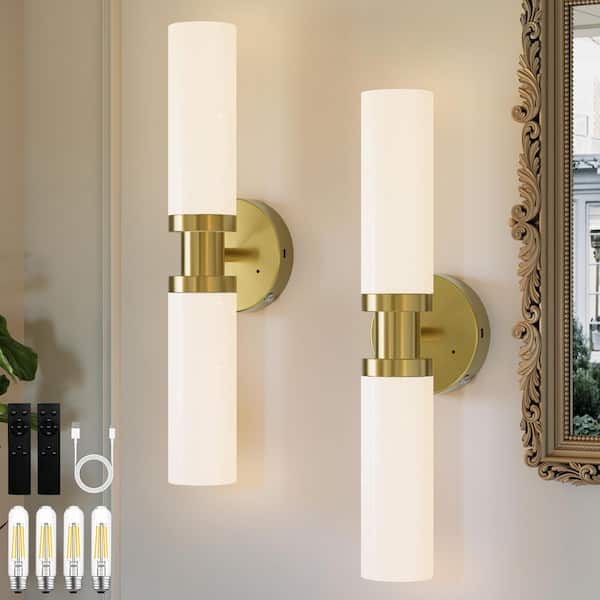 16.5 in. 2-Light Brushed Gold Rechargeable Battery Operated Wall Sconce (Set of 2) Modern LED Wall Light with Remote