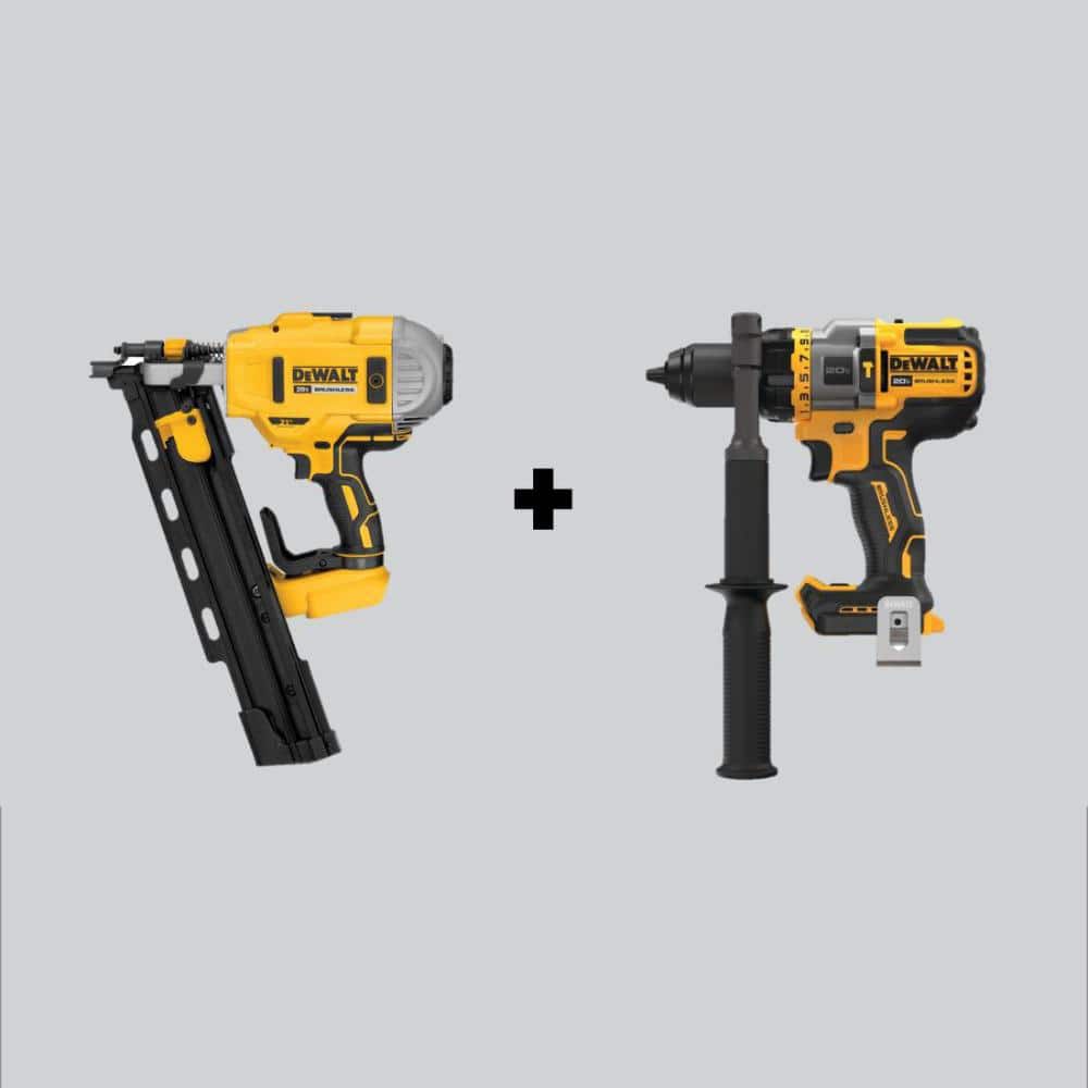 DEWALT 20V MAX XR Cordless Brushless 2-Speed 21° Plastic Collated Framing  Nailer and 1/2 in. Hammer Drill/Driver (Tools Only) DCN21PLBW999B - The  Home