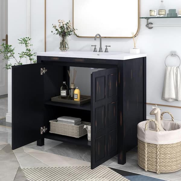 Ami 36" WRetro Espresso Freestanding White Resin Top Bathroom Vanity Cabinet