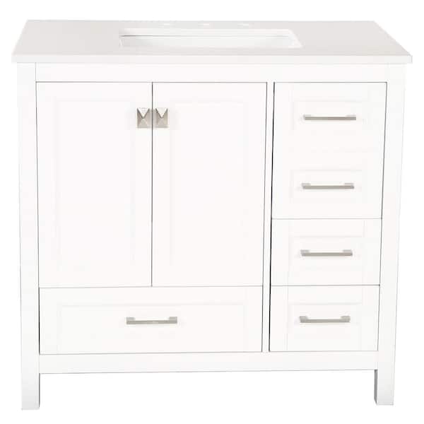 Boosicavelly 36 in. W x 22 in. D x 34 in. H Single Sink Freestanding Bath Vanity in White with White Carrara Marble Top