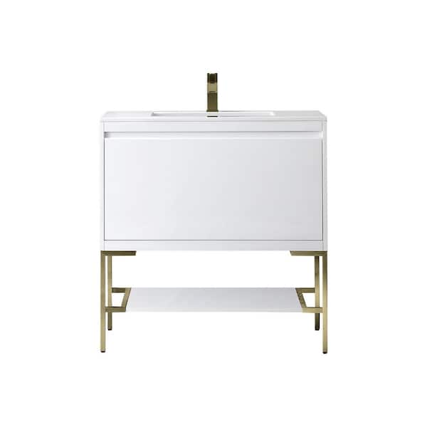 James Martin Vanities Mantova 35.4 in. W x 18.1 in. D x 36 in. H Single Vanity Glossy White and Glossy White Composite Stone Top