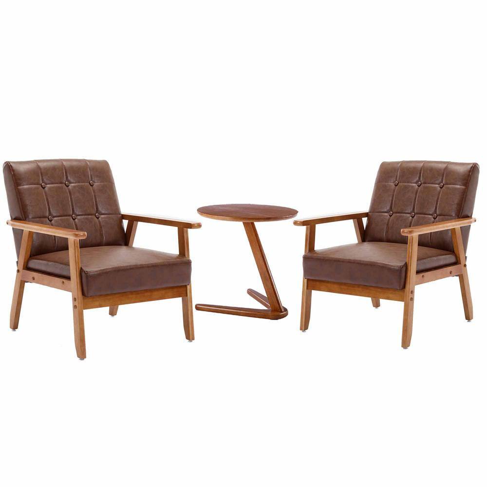 Modern Dark Brown 3-Pieces PU Faux Leather Upholstered Accent Chairs Set of 2 with Round Side Table Wood Armchairs