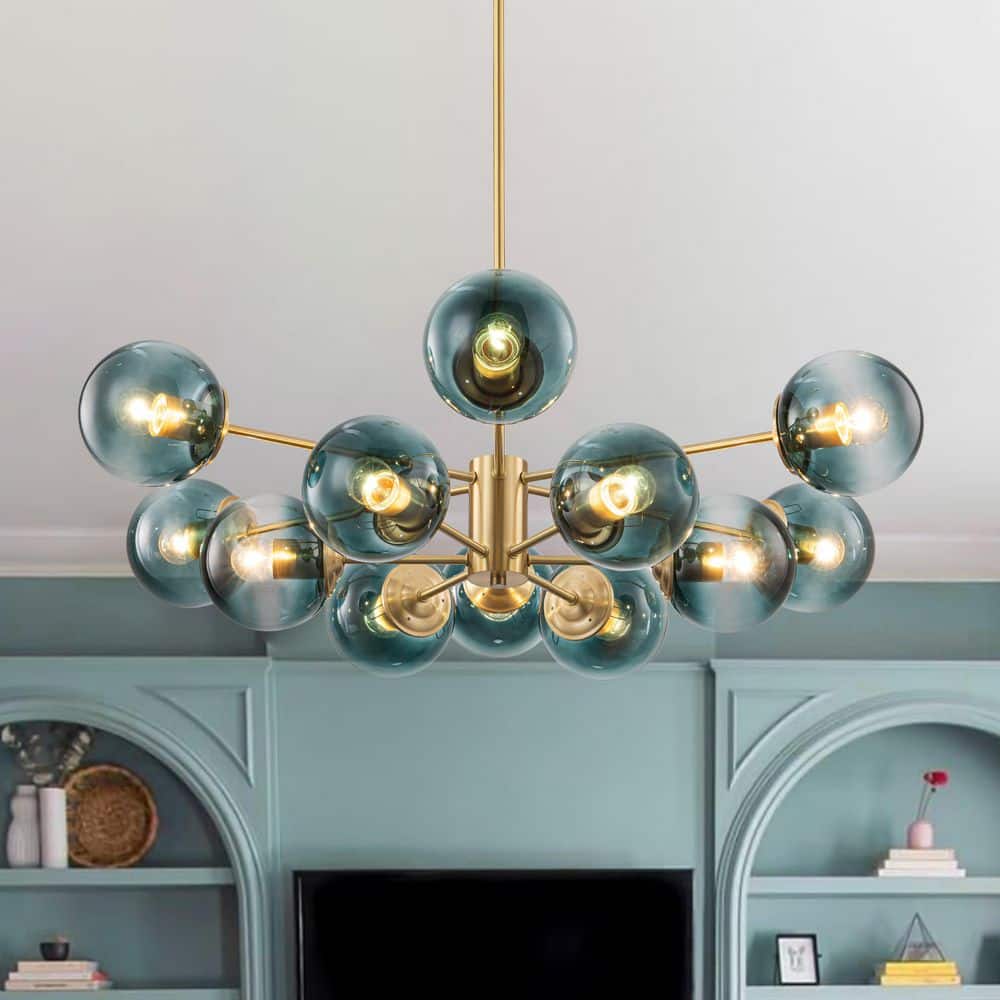 HUOKU Ceder 12-Light 35.4 in.W Brass and Blue Modern Sputnik