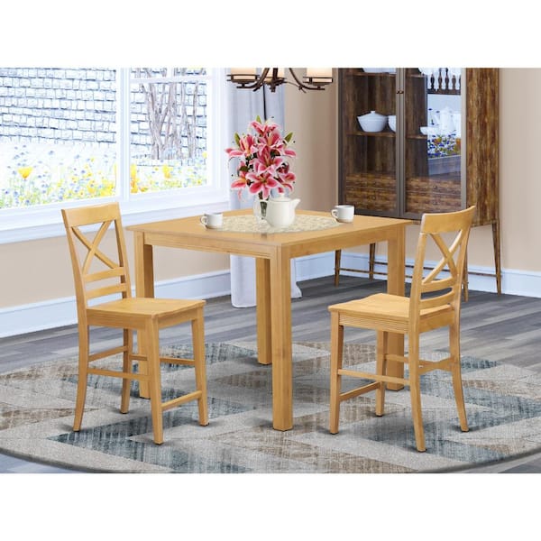 East West Furniture 3-Piece Natural Brown Oak Finish Solid Wood Top Counter Height Dining Table Set