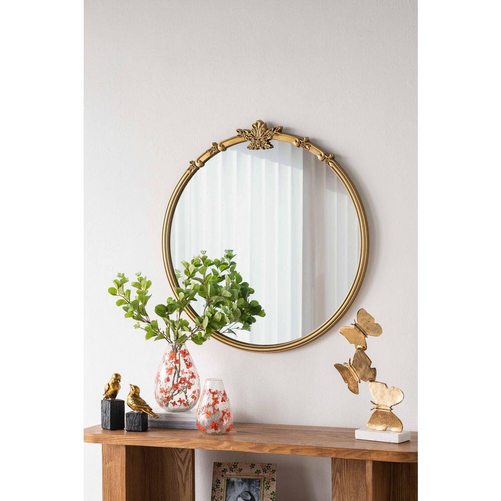 Avex Gold 30 in. W x 31 in. H Art Deco Round Wooden Framed Mirror With Decorative Leaf Crest price history on PriceWatchPro