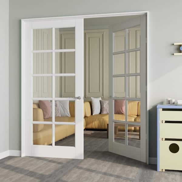 72 in. x 96 in. 10-Lite Clear Glass Universal White Solid Core Glass Double Prehung French Door plus Quick Assemble Jamb