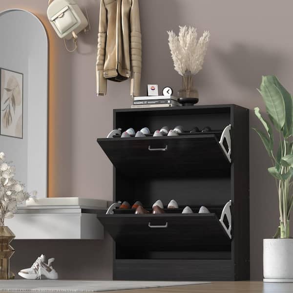 FUFU&GAGA 23.6 in. W x 31.4 in. H Black Wood 2-Drawer Shoe Storage Cabinet with Foldable Compartments Entryway Hallway (12-Pair)