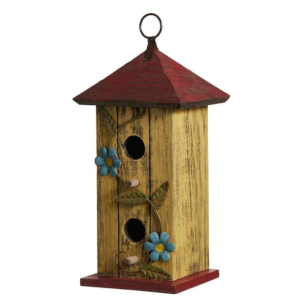 Glitzhome 11.75 in. H Washed Yellow Distressed Solid Wood Cottage Decorative Outdoor Garden Birdhouse with 3D Metal Flower