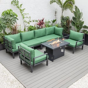 Hamilton 7-Piece Aluminum Modular Outdoor Patio Conversation Seating Set With Firepit Table & Cushions in Green