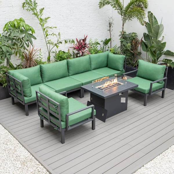 Leisuremod Hamilton 7-Piece Aluminum Modular Outdoor Patio Conversation Seating Set With Firepit Table & Cushions in Green
