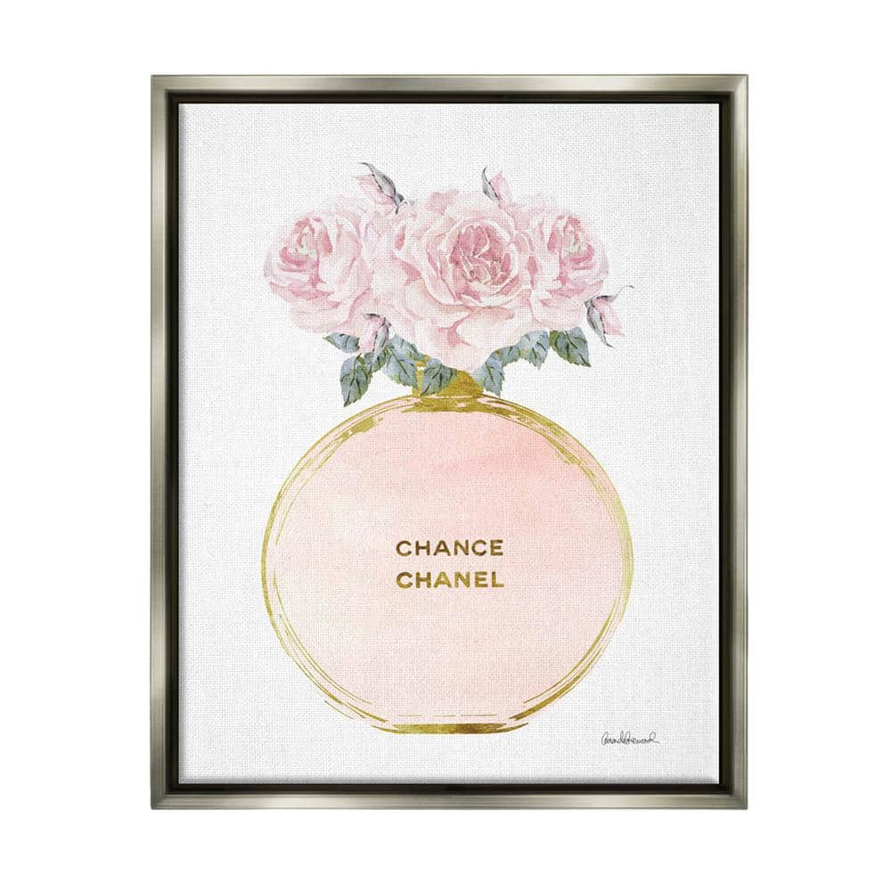 Pink and Gold Round Perfume Bottle with Roses Canvas Wall Art by Amanda Greenwood Rosdorf Park Frame Color: Black Framed, Size: 31 H x 25 W x 1.7 D