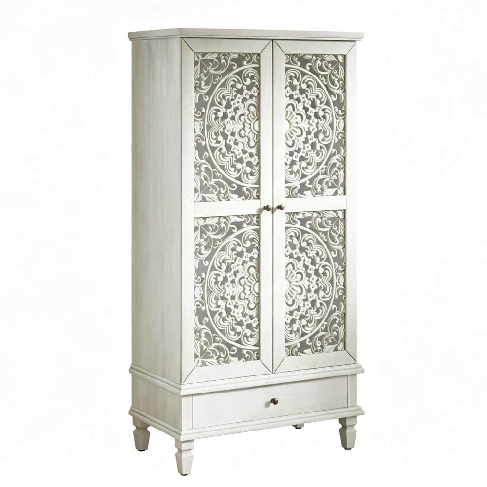 Avex Antique Gray White 55 in. H Decorative Accent Storage Cabinet with Drawer and 2 Carved Doors