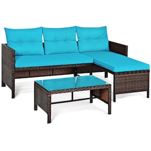 3-Piece Brown Wicker Patio Conversation Set with Blue Cushions
