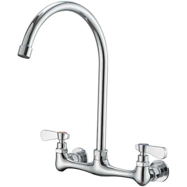 BWE Double Handle Wall Mount Standard Kitchen Faucet with High Arc Swivel Spout 8 in. Widespread in Polished Chrome
