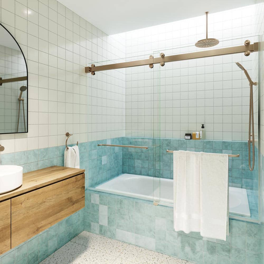 Polaris 60'' Frameless Brushed Bronze Sliding Bathtub Door